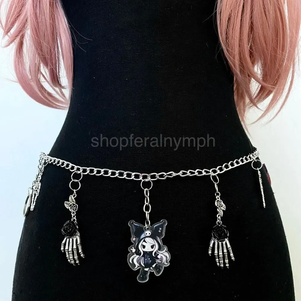 Silver Kawaii Whimsygoth Anime Skeleton Chain Belt, Fits 23-45 Inches, X7GA1350
